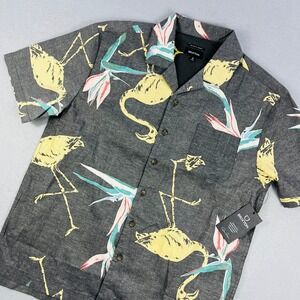 Brixton Bunker Print Mens Small Black Flamingo Bird of Paradise SS Button Shirt